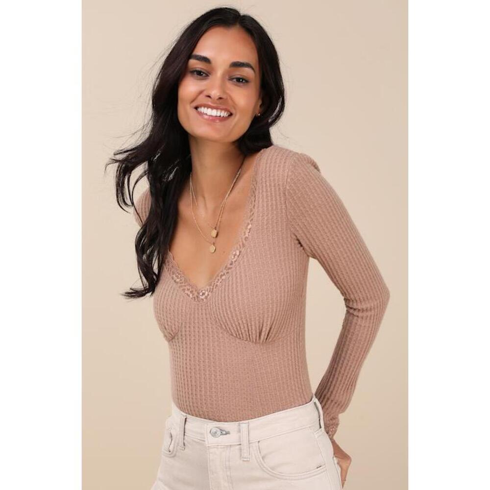 Lulus Effortless Pick Tan Lace Waffle Knit Long Sleeve Top Brown - Size M